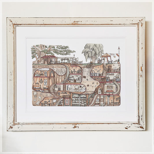 Framed detailed watercolour paint illustration of an underground burrow with buildings and trees