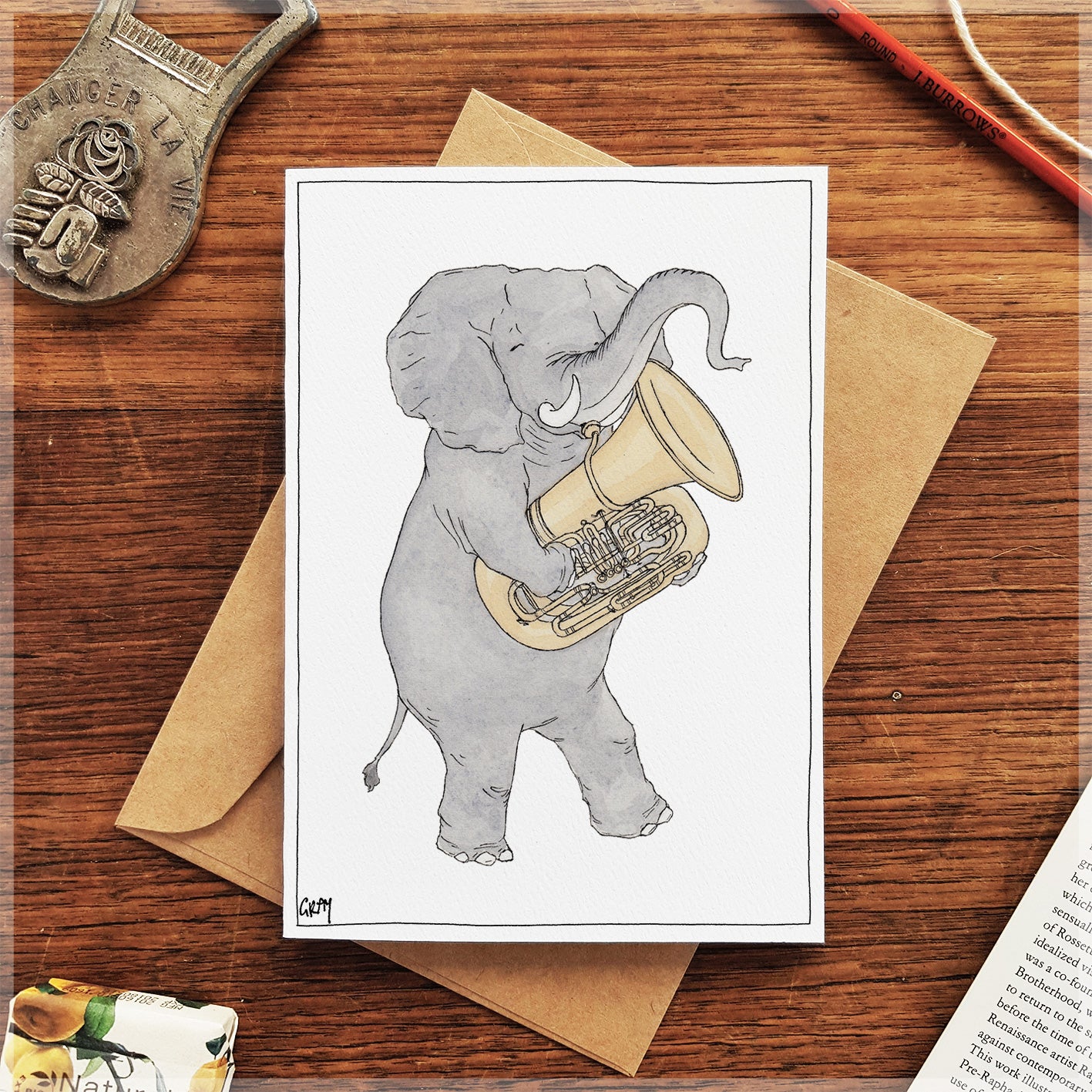 The Elephant & Her Tuba - Greeting Card