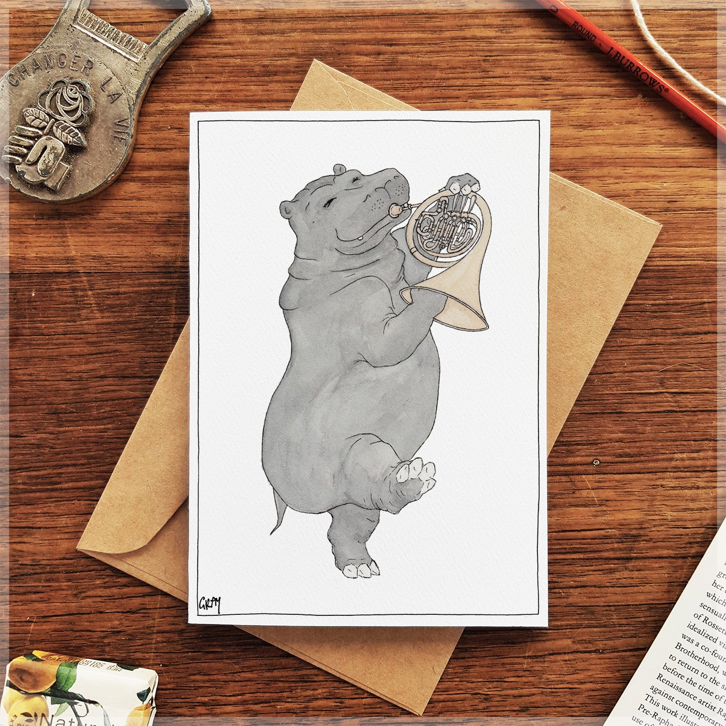 The Hippo & Her French Horn - Greeting Card