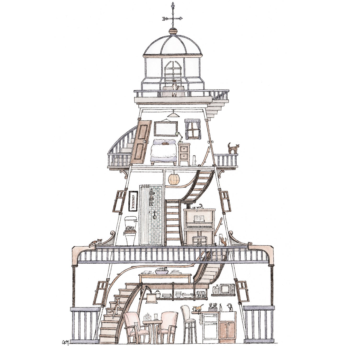 Lighthouse with 10 Hidden Cats - A4 Art Print