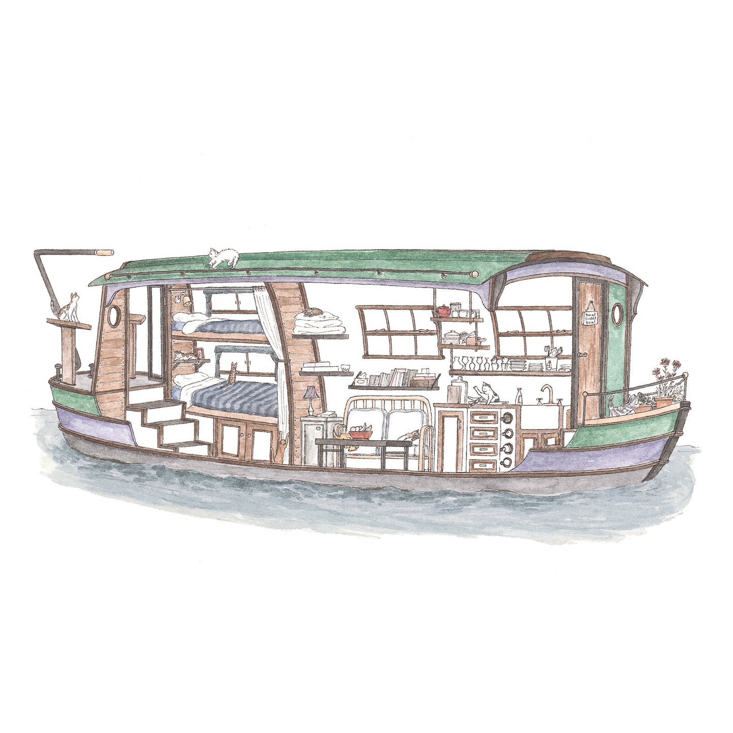 Houseboat with 10 Hidden Cats - A4 Art Print