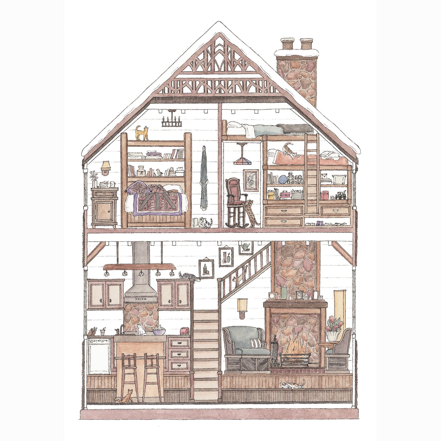 Log Cabin with 10 Hidden Cats - A4 Art Print