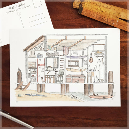 Beach Shack with 10 Hidden Cats - A4 Art Print