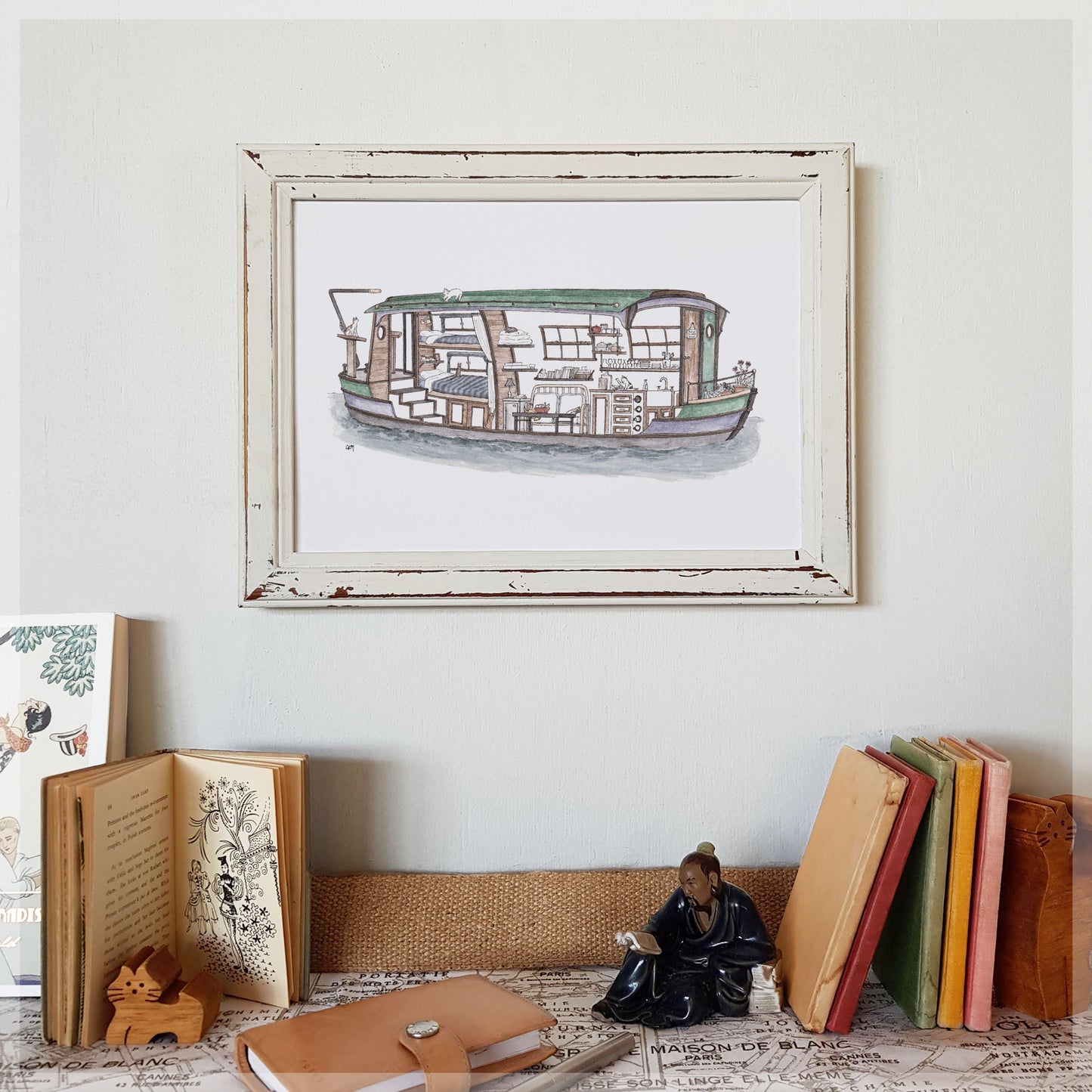 Houseboat with 10 Hidden Cats - A4 Art Print