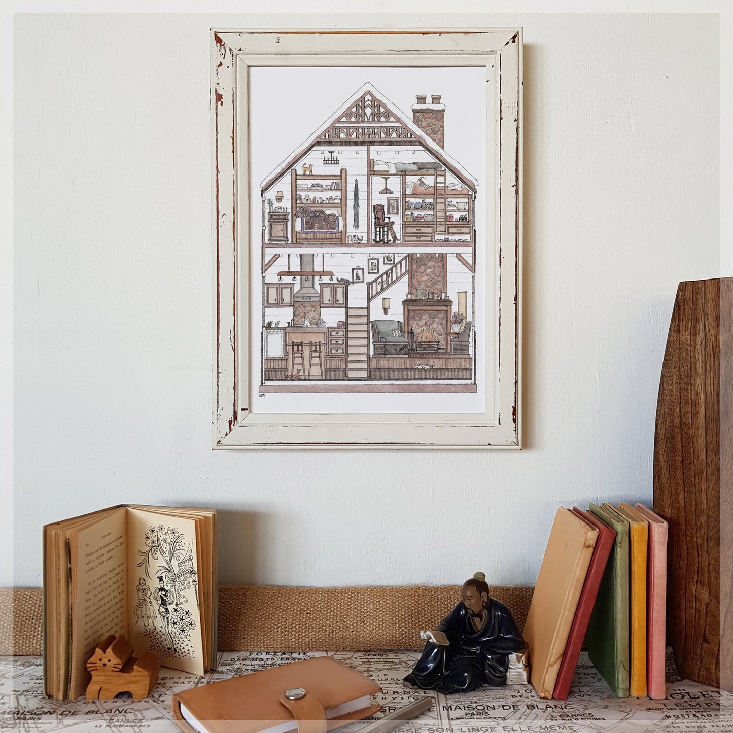 Log Cabin with 10 Hidden Cats - A4 Art Print