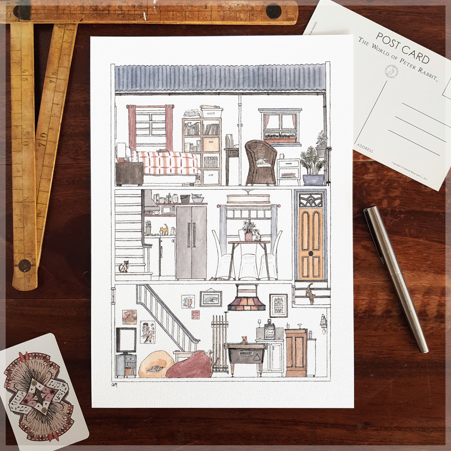 Paddington Terrace with 10 Hidden Cats - A4 Art Print