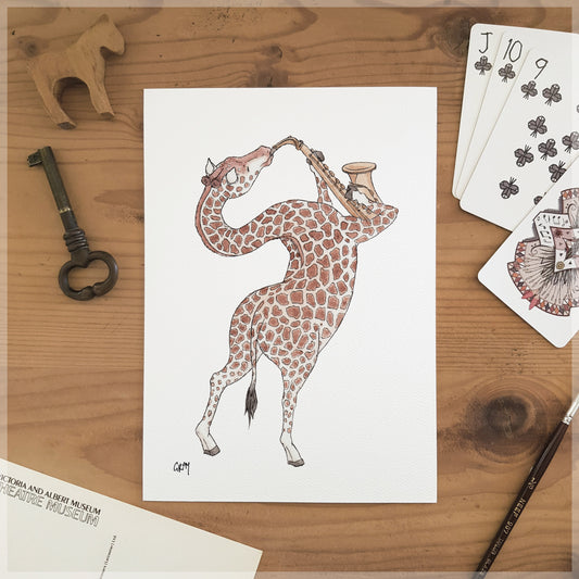 The Giraffe & Her Saxophone - A5 Art Print