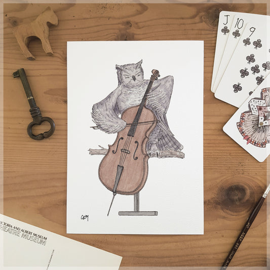 The Owl & Her Cello - A5 Art Print