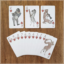 Hand Illustrated playing cards - Suit = hearts - exotic animals playing woodwind instruments