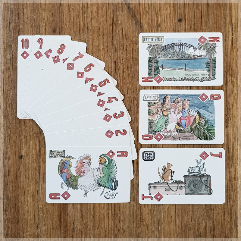 Hand Illustrated playing cards showing the suit of diamonds. The cards show all female animal pop band touring Australia.