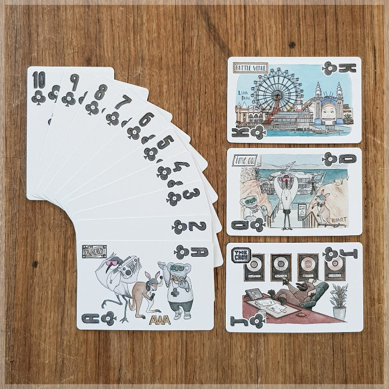 Hand Illustrated playing cards showing the suit of clubs. The cards show an animal hip hop band touring Australia.