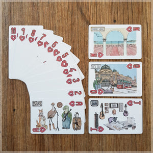 Hand Illustrated playing cards showing the suit of hearts. The cards show an animal country and western band touring Australia.
