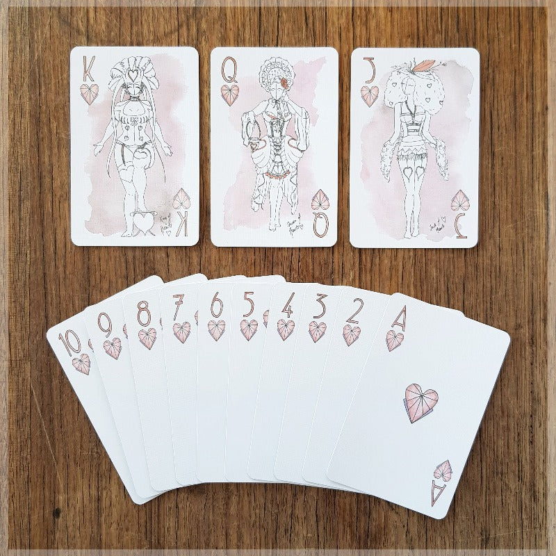 Hand Illustrated Burlesque playing cards showing the suit of hearts