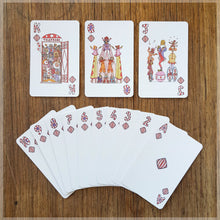 Hand Illustrated Circus playing cards showing the suit of diamonds. This suit shows off the circus clowns