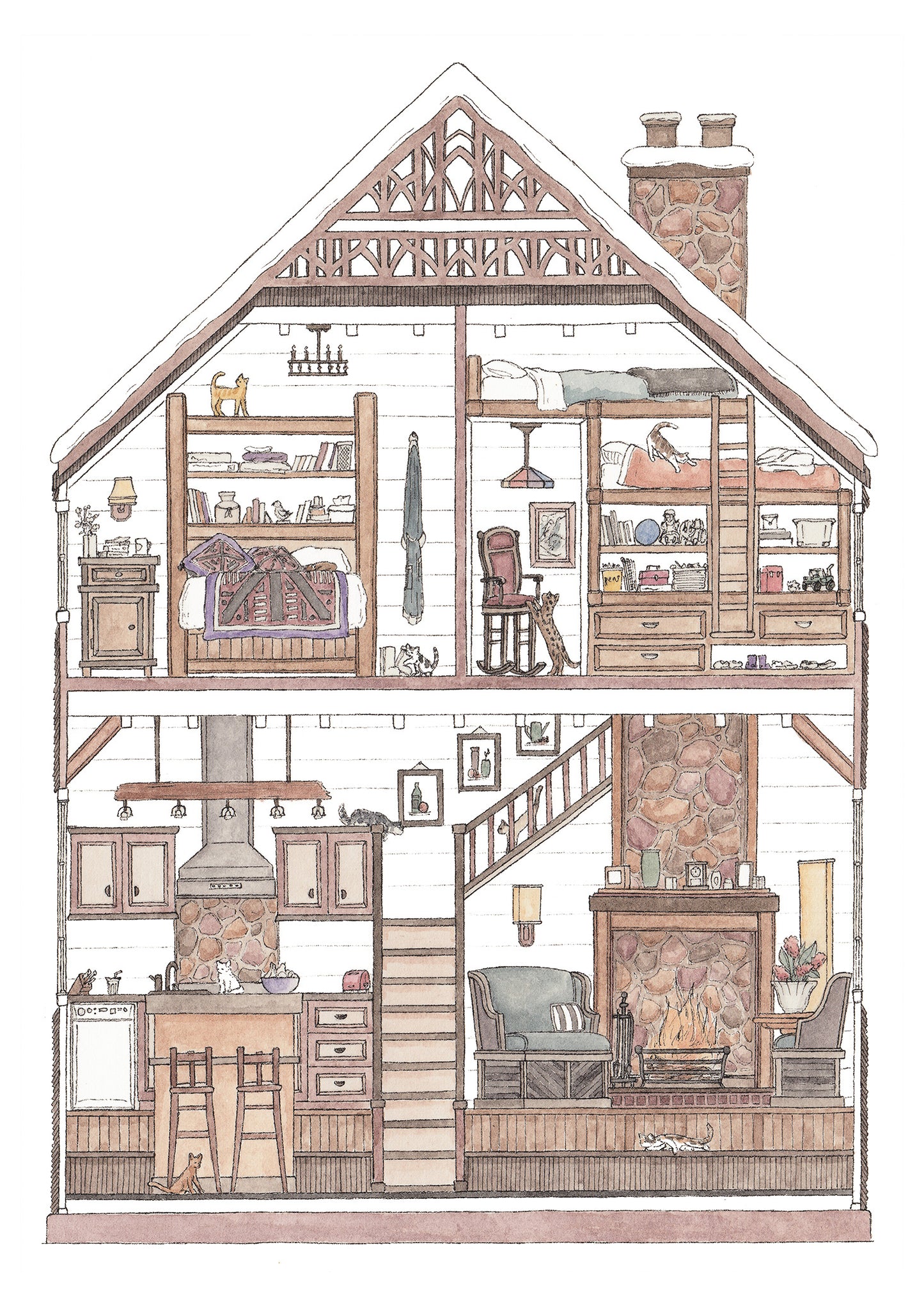 Log Cabin with 10 Hidden Cats - A3 Art Print SKU A304