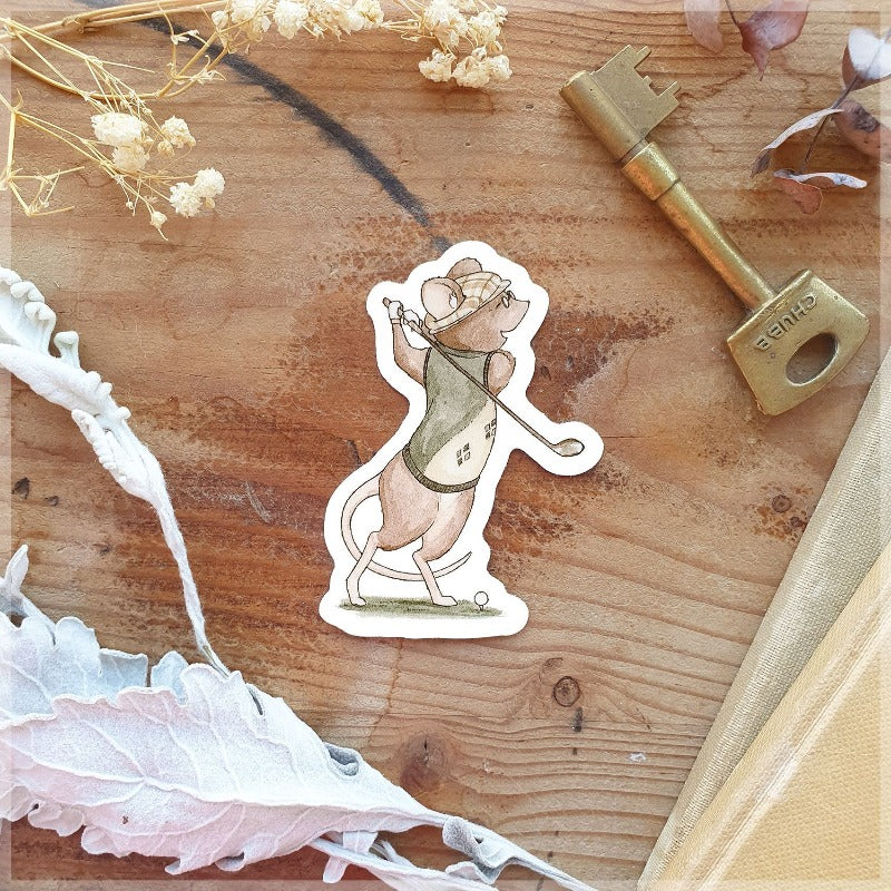 Drawing of a mouse playing golf