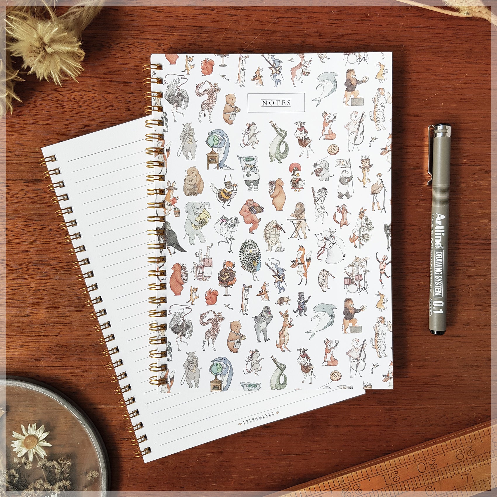 Flat lay photograph of our Erlenmeyer note book.
