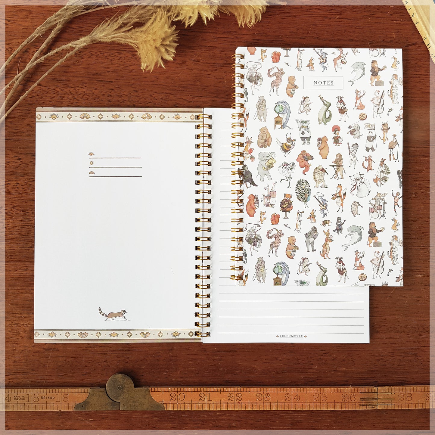 Flat lay photograph of our Erlenmeyer note book. showing the inside page and front cover.