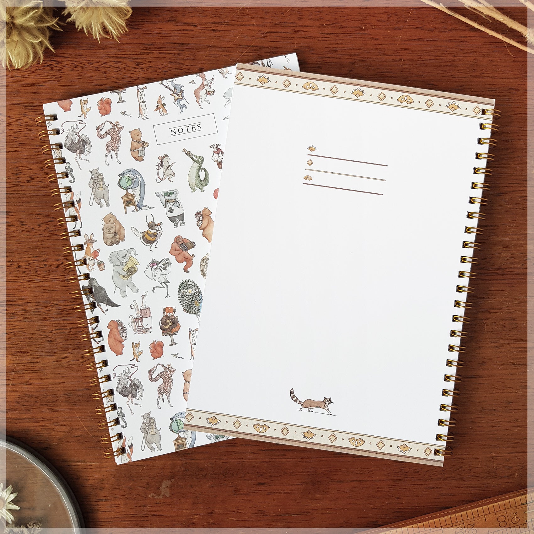 Flat lay photograph of our Erlenmeyer note book. showing the inside page and front cover.
