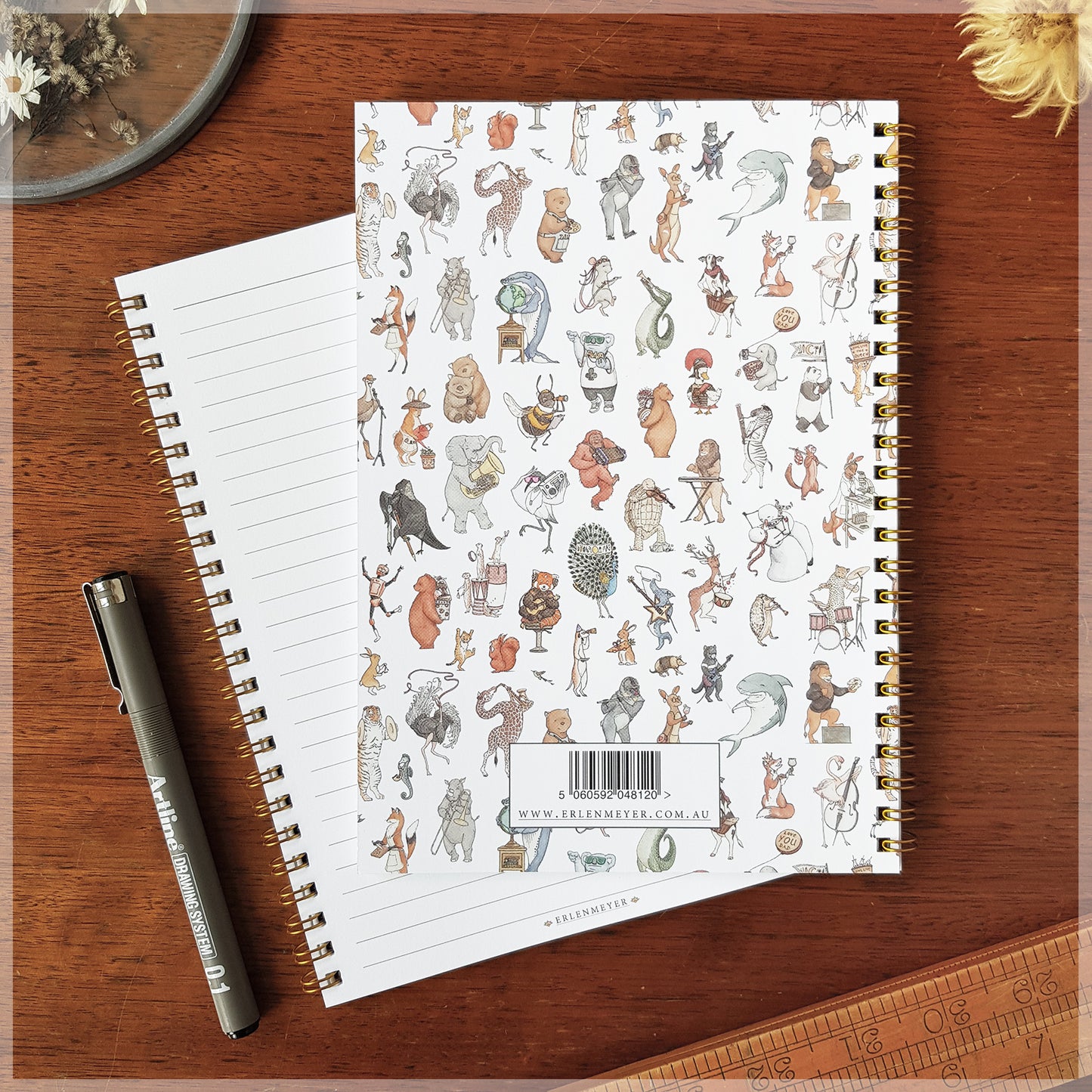Flat lay photograph of our Erlenmeyer note book. showing the back cover.