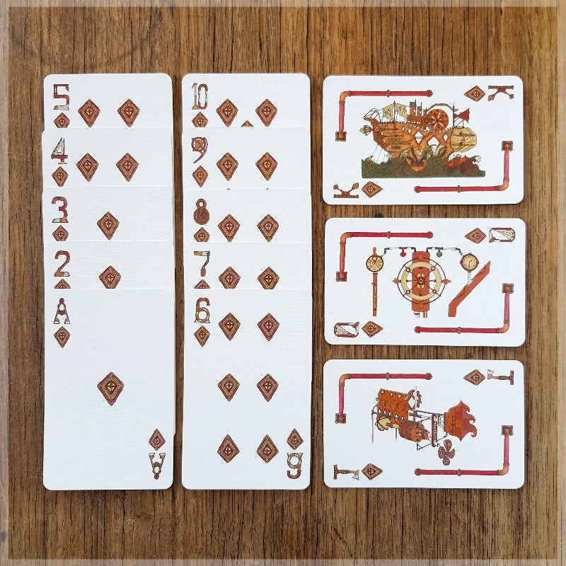 Hand Illustrated Steampunk playing cards showing the suit of diamonds. The picture cards show the engine room, cockpit and the full ship.