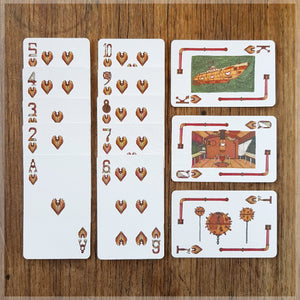 Hand Illustrated Steampunk playing cards showing the suit of hearts. The picture cards show the cockpit, its weapons and the full ship.