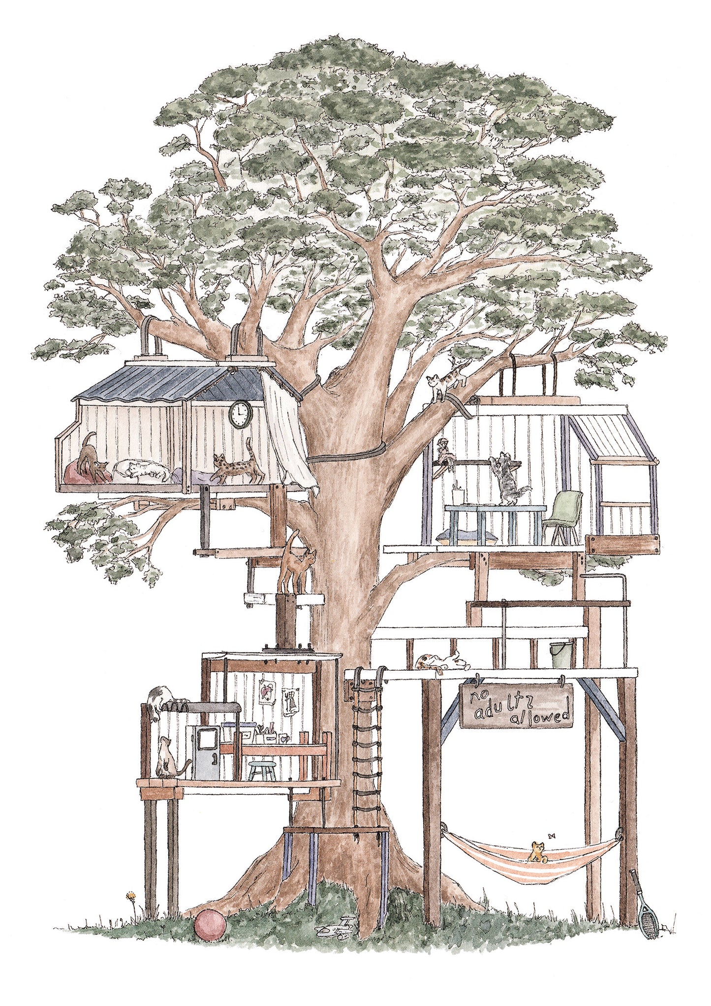 Treehouse with 10 Hidden Cats - A3 Art Print
