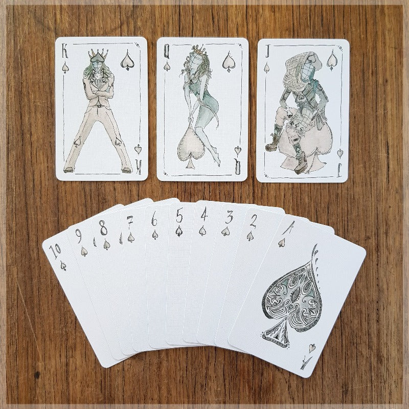 Hand Illustrated vogue fashion playing cards showing the suit of spades.