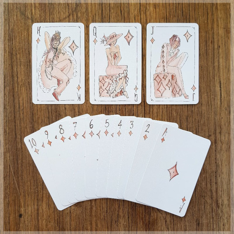 Hand Illustrated vogue fashion playing cards showing the suit of diamonds.