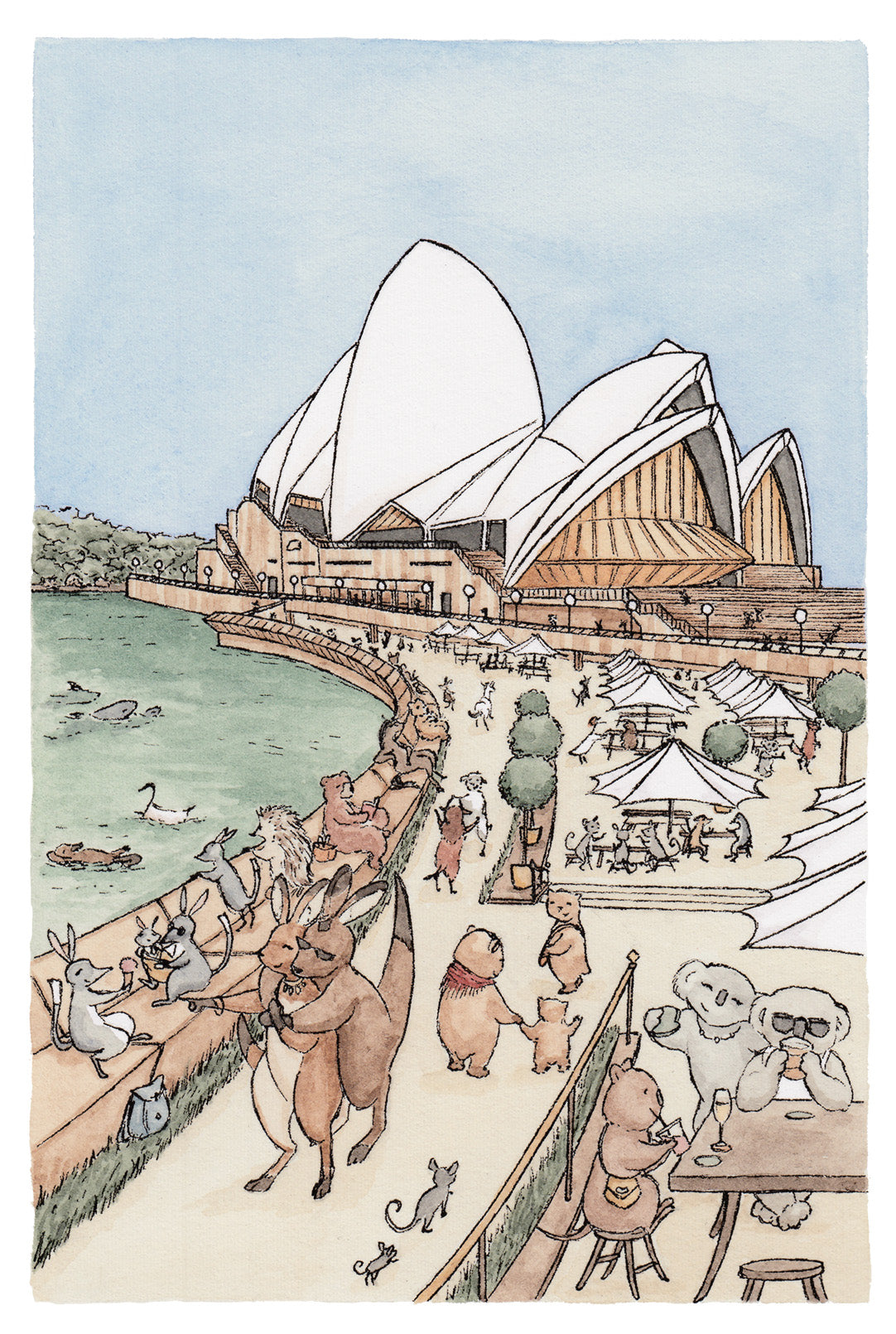 Illustration of the Sydney Opera House with animals around it.