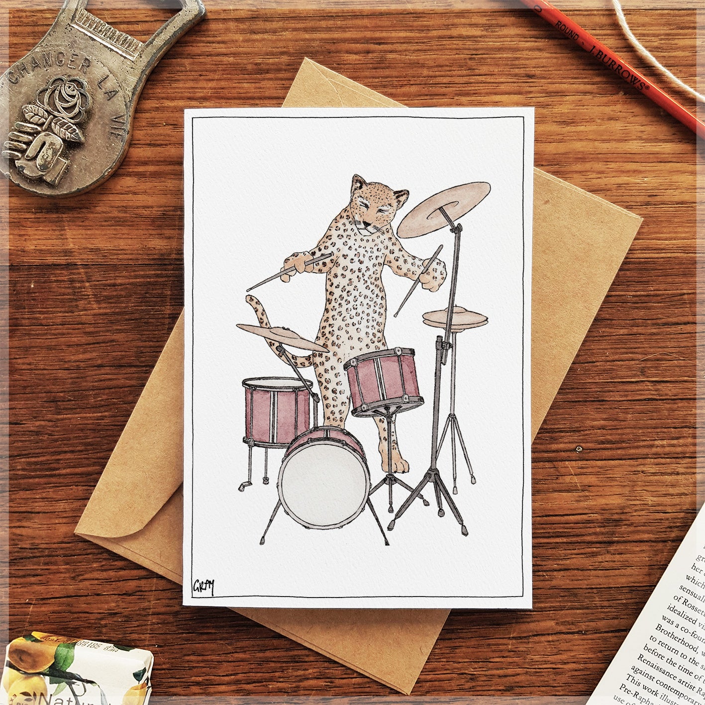 The Leopard & Her Drum Kit - Greeting Card