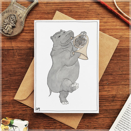 The Hippo & Her French Horn - Greeting Card
