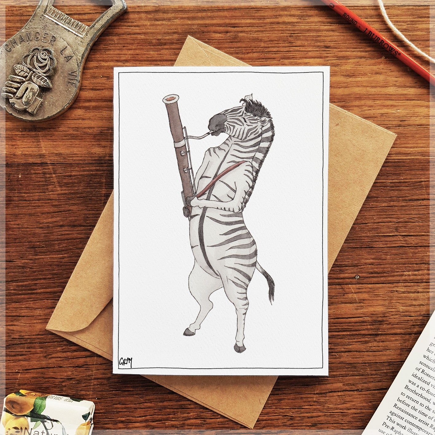 The Zebra & Her Bassoon - Greeting Card
