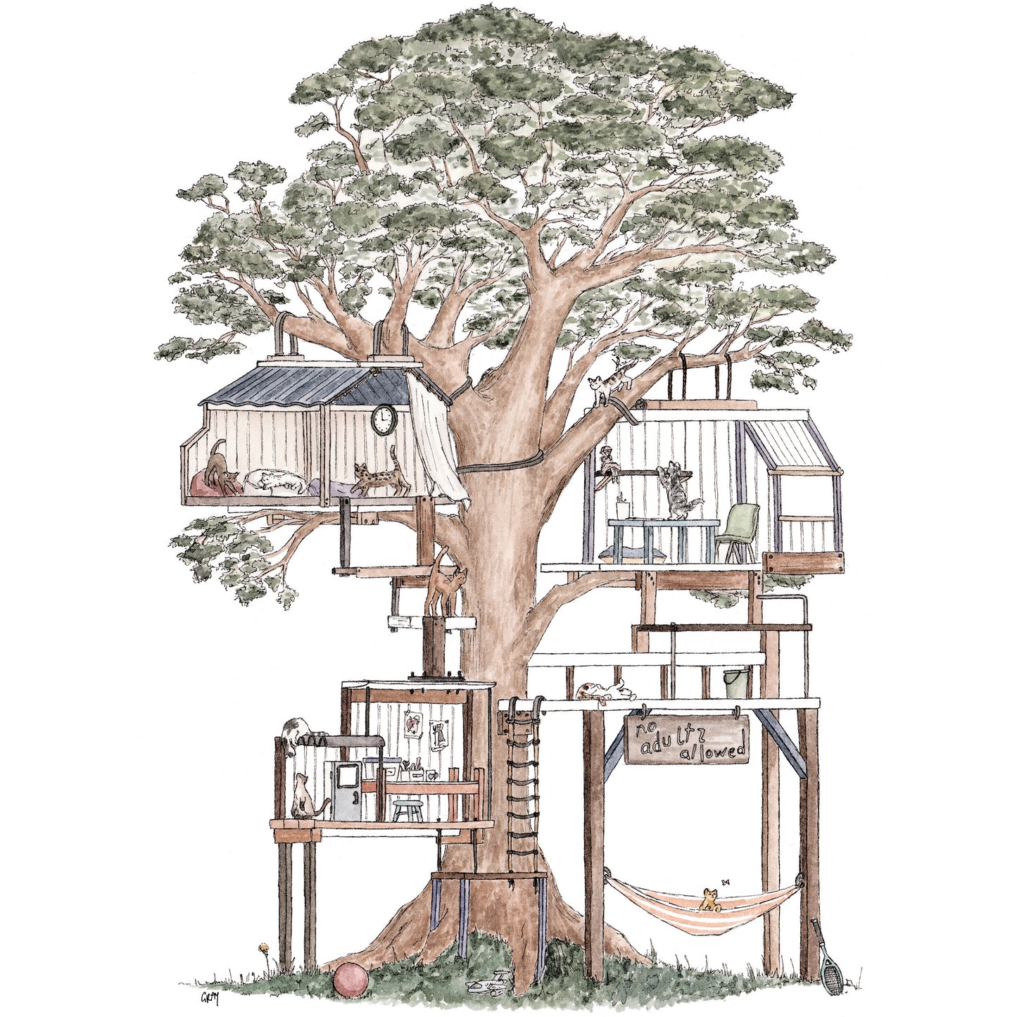 Treehouse with 10 Hidden Cats - A4 Art Print