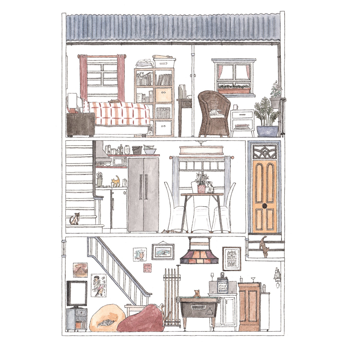 Paddington Terrace with 10 Hidden Cats - A4 Art Print