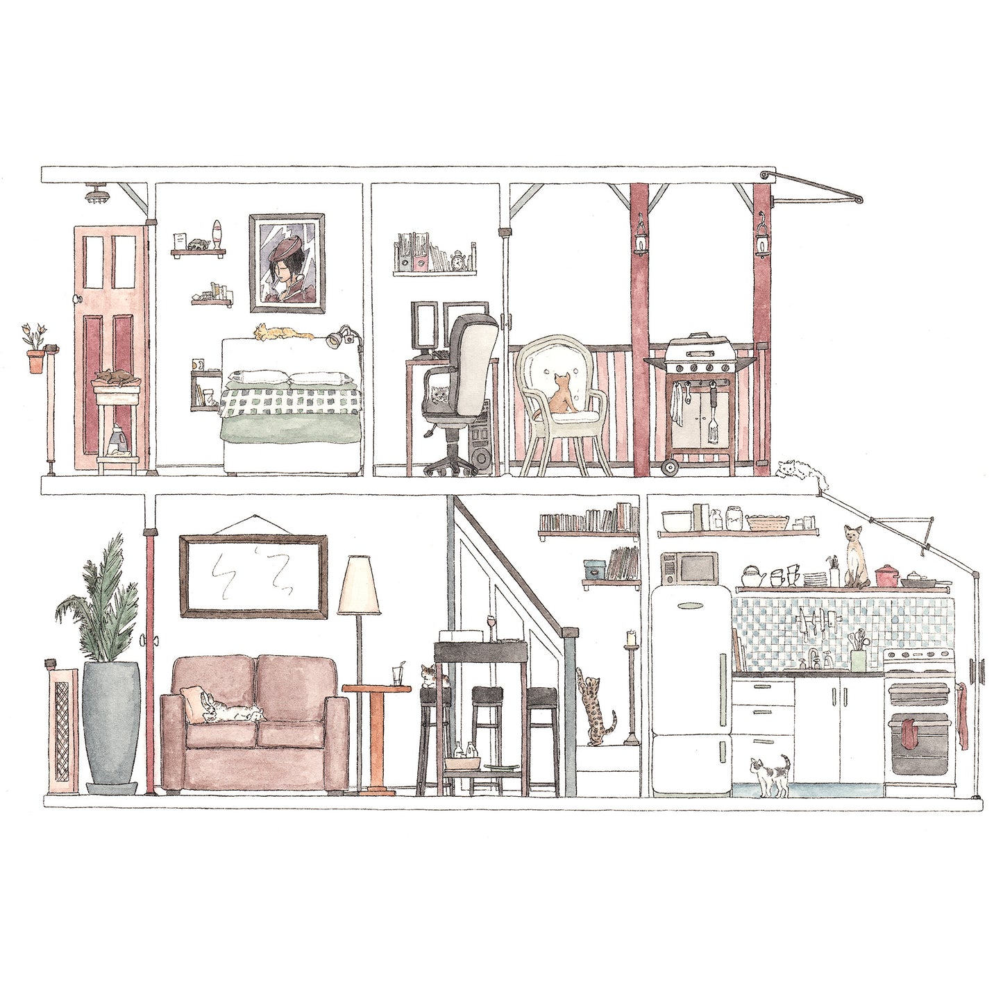 Darlinghurst Terrace with 10 Hidden Cats - A4 Art Print