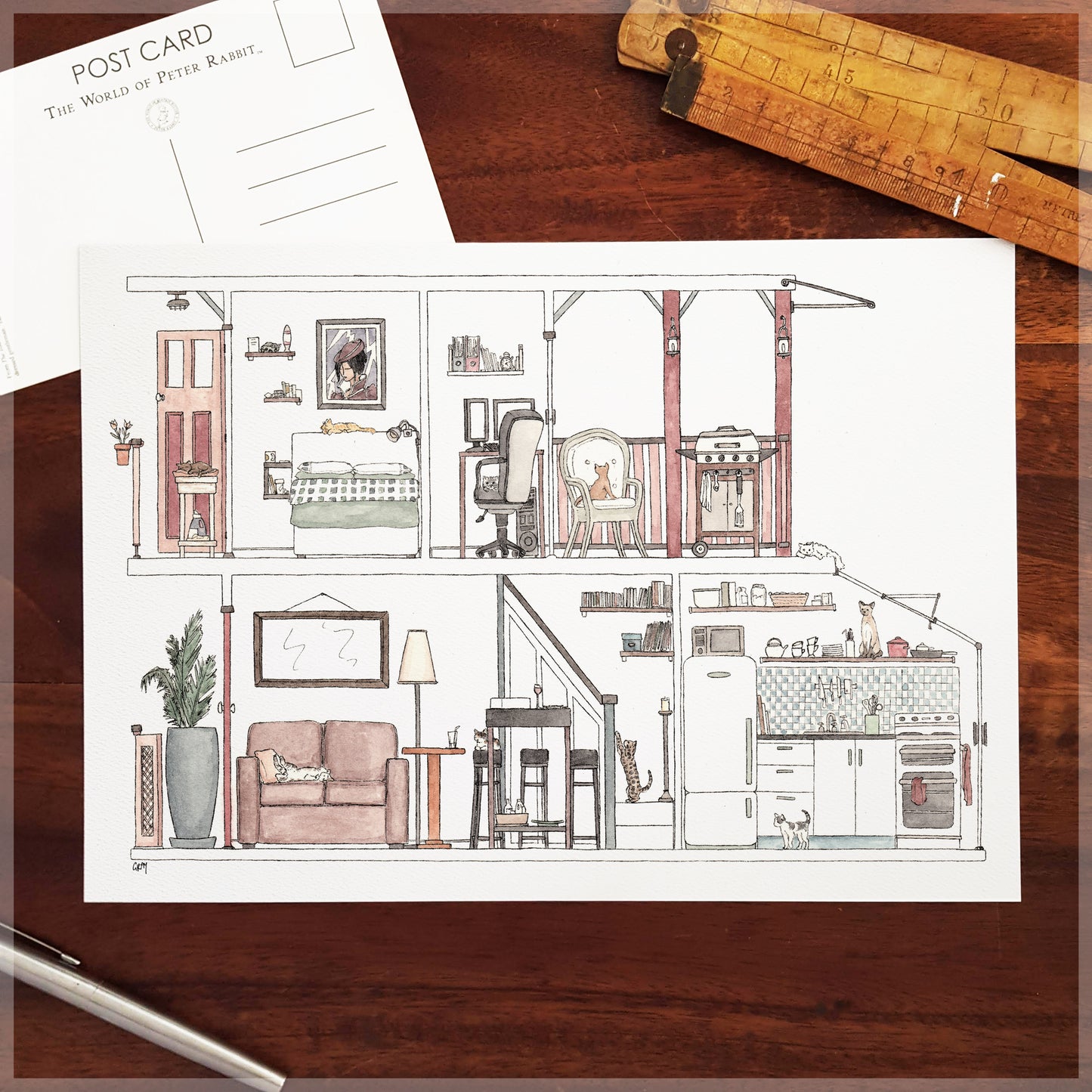 Darlinghurst Terrace with 10 Hidden Cats - A4 Art Print