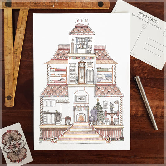 Gingerbread House with 10 Hidden Cats - A4 Art Print
