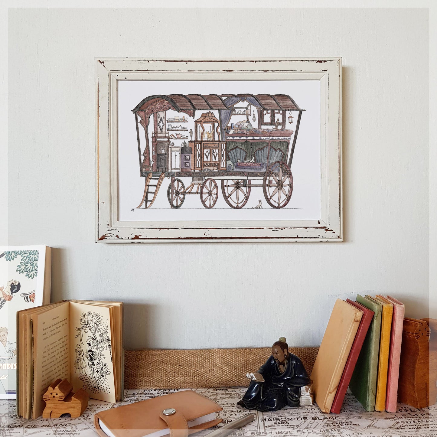 Gypsy Caravan with 10 Hidden Cats - A4 Art Print