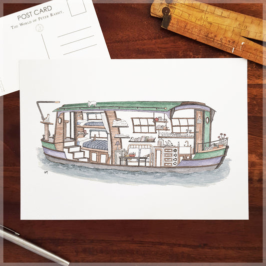 Houseboat with 10 Hidden Cats - A4 Art Print