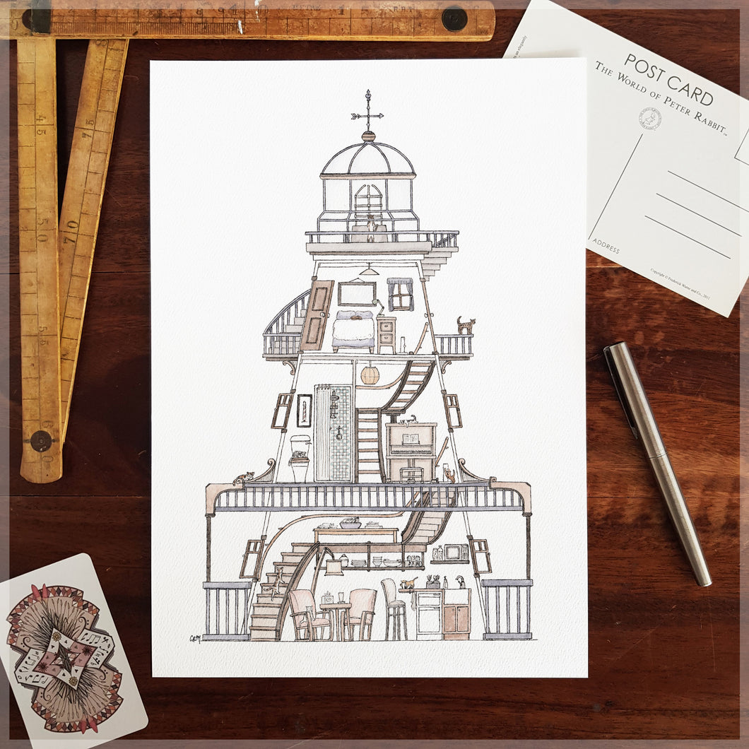 Lighthouse with 10 Hidden Cats - A4 Art Print SKU A407