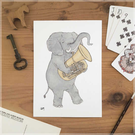 The Elephant & Her Tuba - A5 Art Print