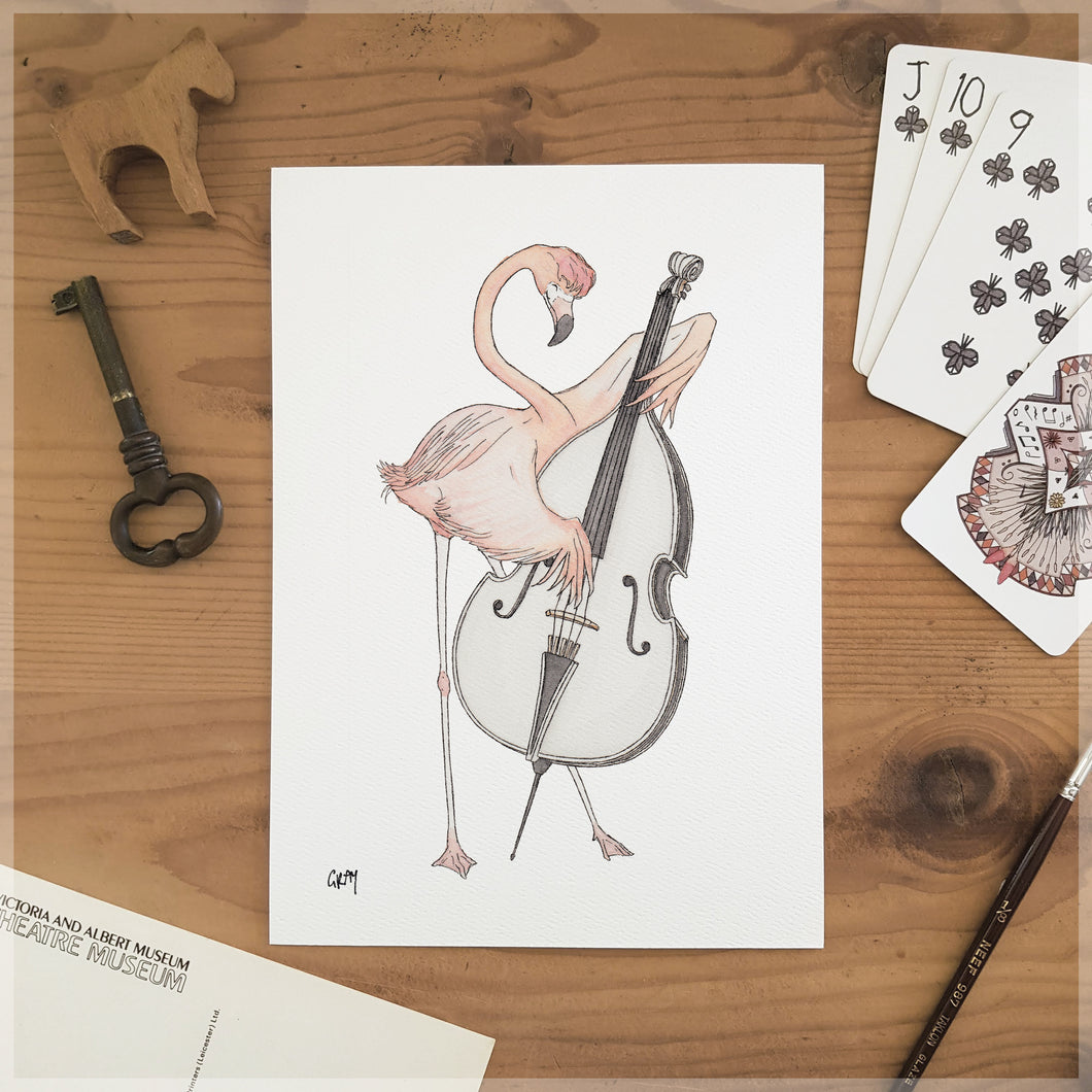 The Flamingo & His Double Bass - A5 Art Print SKU A505
