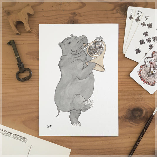 The Hippo & Her French Horn - A5 Art Print
