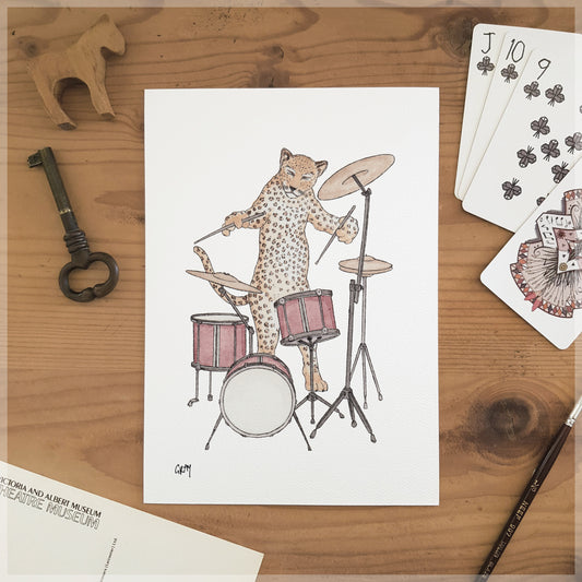 The Leopard & Her Drum Kit - A5 Art Print