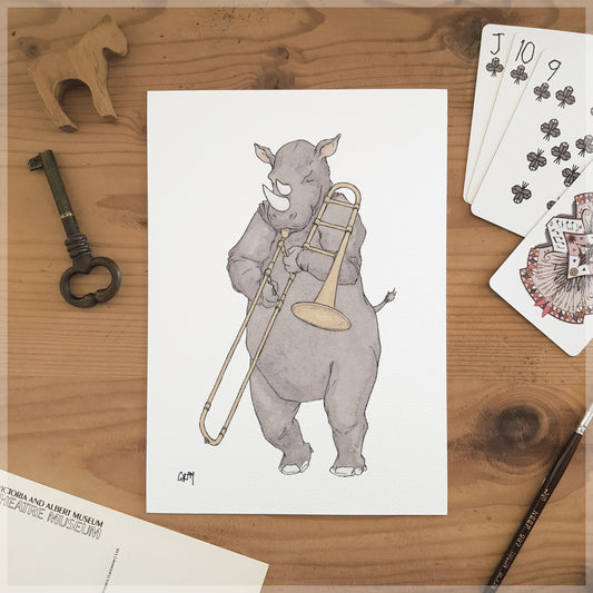 The Rhino & His Trombone - A5 Art Print