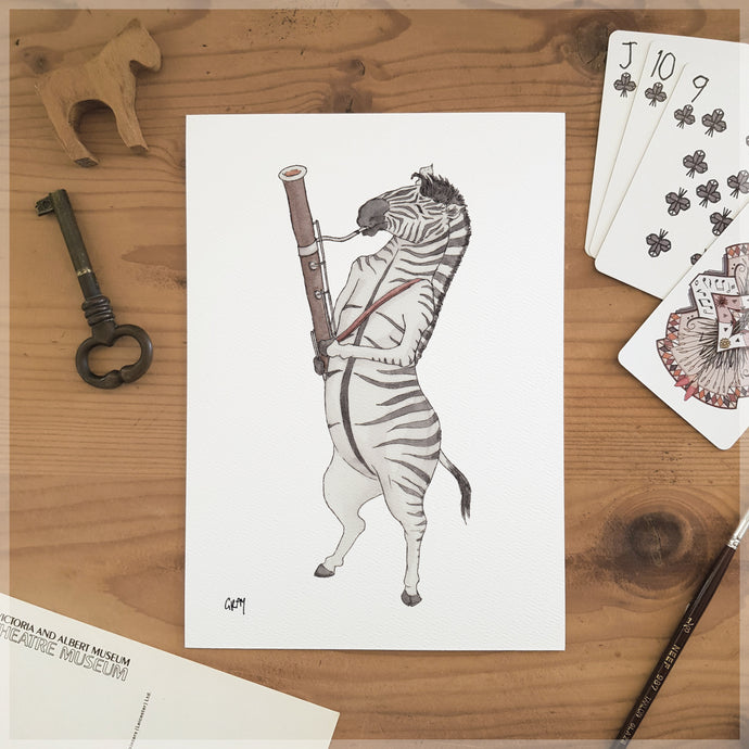The Zebra & Her Bassoon - A5 Art Print SKU A518