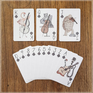 Hand Illustrated playing cards - Suit = Spades - Birds and reptiles playing stringed instruments