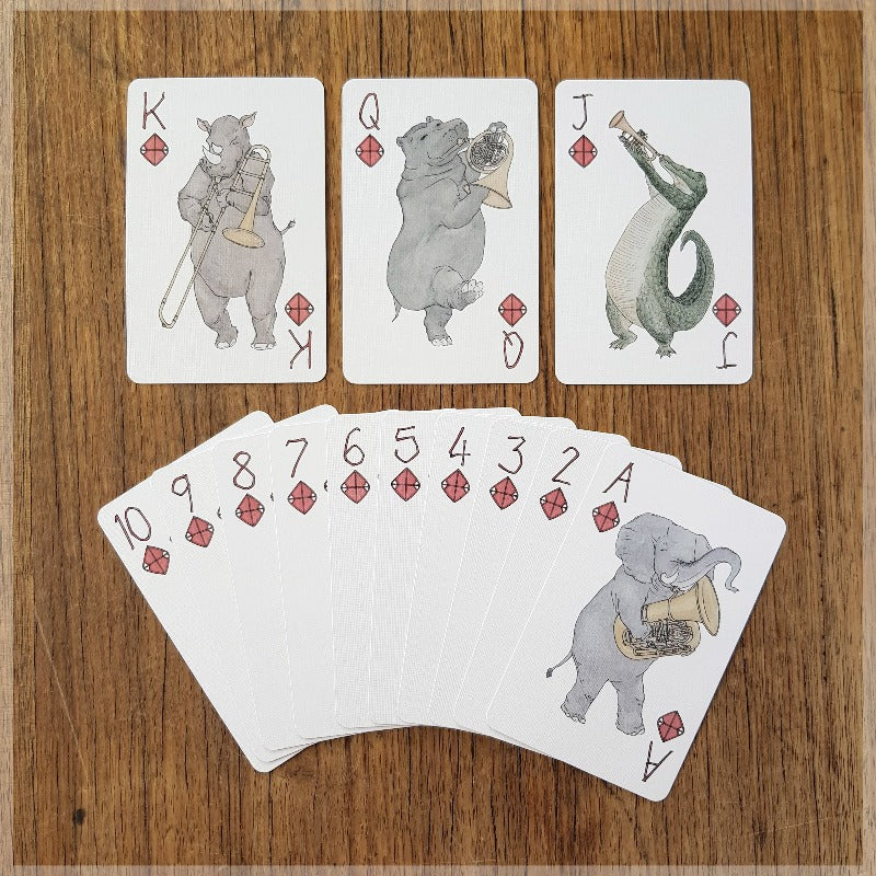 Hand Illustrated playing cards - Suit = diamonds - Big strong animals playing brass instruments 