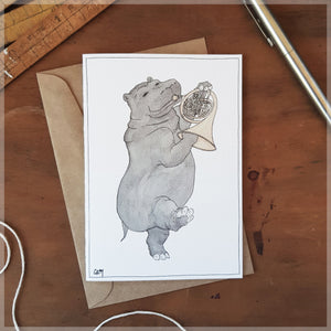 The Hippo and Her French Horn - Greeting Card
